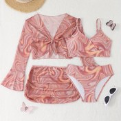 Resim Şık Baskılı Güneş Koruma Bikini Seti Dört Parça 
