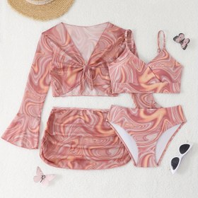 Resim Şık Baskılı Güneş Koruma Bikini Seti Dört Parça 