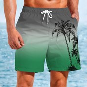 Resim Hawaii ilhamlı renk geçişli plaj şortları - 3D palmiye ağacı ve deniz manzarası baskısı, yaz dış mekan etkinlikleri, deniz tatili ve surfer için hızlı kuruyan bağcıklı yüzme şortları, surfer ekipmanları 