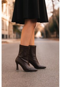 Resim Sivri Burun Şık Çorap Streç Günlük Kadeh Topuk Bot Yarım Çizme Kahverengi 