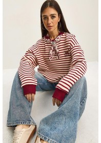 Resim Shade Kadın Fular Detaylı Leopar Nakışlı Çizgili Üç İplik Şardonlu Oversize Sweatshirt 6973 60283818 - Ekru-bordo Çok Renkli 