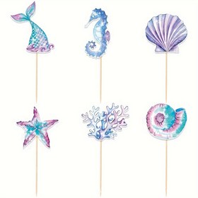 Resim 6 Adet Denizkızı ve Alt Okyanus Temalı Pasta Süsleri - Doğum Günleri, Düğünler, Bekarlığa Veda Partileri, Noel, Şükran Günü, Yeni Yıl Partileri için Yapay Ahşap Spiralli Kolye Dekorasyonlar Denizatı, Yıldızbalığı, Kabuklar & Mercan Tasarımlı 