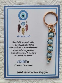 Resim 32 Adet Kişiye Özel Nazar Ayeti Sünnet Hatırası Dağıtmalık Hediyelik Mavi Renk Anahtarlık 