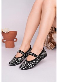 Resim Nesilshoes Nesil Shoes Gabbel 305 Siyah Süet Gümüş Taşlı Kadın Babet Siyah-gümüş 