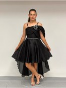 Resim Kız Çocuk Abiye Askılı Siyah Tek Omuz Gül Detaylı Kuyruklu Şifon Abiye Elbise 10-15 Yaş Siyah 