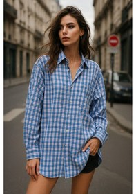 Resim Rich Kadın Mavi Beyaz Oversize Ekoseli Gömlek Over Fit Relaxed Gömlek Çok Renkli 
