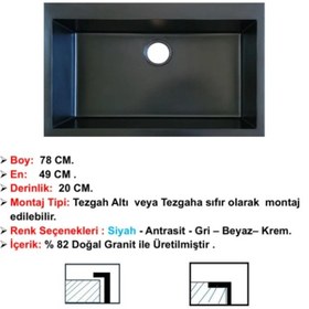 Resim Öztaş ÖZ-78s Granit Mutfak Eviye Siyah Tek Gözlü 50 x 78 CM 