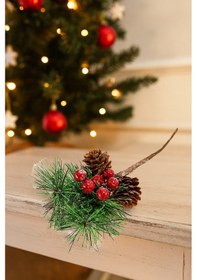 Resim Yılbaşı Çam Dalı 22 Cm Berryli Kozalaklı Karlı Dekoratif Dal Diğer 