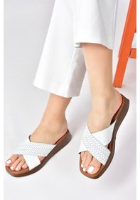 Resim Fox Shoes Beyaz Hakiki Deri Çapraz Bantlı Kadın Terlik M291049903 