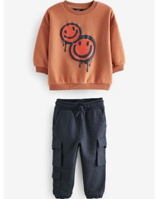 Resim Lolliboomkids Erkek Çocuk Smile Desenli Kışlık 3 İplik Pamuklu Sweatshirt Kargo Eşofman Alt-üst Takım Turuncu 