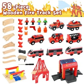 Resim 58 Parçalı Ahşap Tren Seti, Elektrikli Lokomotif ve Itfaiye Aracı ile Model Demiryolu Oyuncağı 