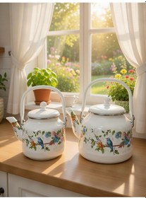 Resim Lüks Nostaljik Çift Katlı Emaye Çaydanlık Takımı - Mavi Kuşlu Renkli Çiçek Desenli Vintage Model Beyaz 