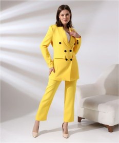 Resim Tane Tasarım Kadın Kruvaze Blazer Ceket Pamuklu Atlak Kumaş Pantolon Takım Elbise Sarı Sarı 