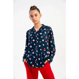 Resim Obje Kız Çocuk Indigo Marla Gömlek Yaka Düğmeli Uzun Kol Pijama Üstü 