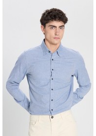 Resim Erkek Mavı Slim Fit Dar Kesim Klasik Yaka Flanel Gömlek Mavı 