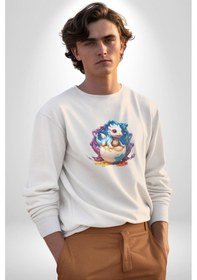 Resim Sevimli Bebek Ejderha Elmas Yumurta Unisex Beyaz Baskılı Sweatshirt Beyaz 