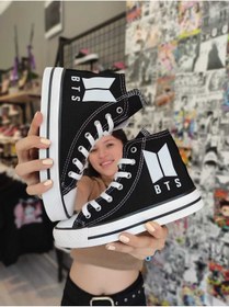 Resim MECH BUTİK Unisex Siyah Bts Logo Baskılı Keten Bilekli Sneaker Spor Ayakkabı 