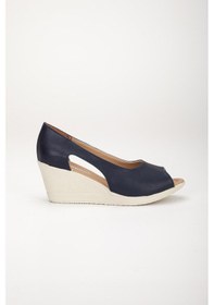 Resim Dilimler Ayakkabı Dolgu Taban Burun Açık Pencereli Ortopedik Suni Deri Lacivert Kadın Dolgu Topuk Ayakkabı-2786-lacivert 