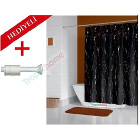 Resim Siyah Mermer Desen Boru Hediyeli Banyo Perdesi Siyah 