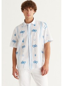 Resim AC&Co / Altınyıldız Classics Erkek Beyaz Lacıvert Oversize Bol Kesim Klasik Yaka %100 Pamuk Baskılı Gömlek Beyaz - Lacivert 