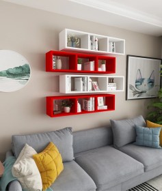 Resim Duvar Rafı Yatay Kitaplık Mobilya Hediye Rafı Beyaz Kırmızı 4 Lü Takım Beyaz Kırmızı 