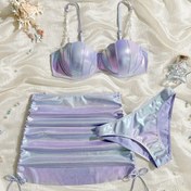 Resim 3 Parça Set Gradyan Yaprak Bikini ve Bağcıklı Sarma Elbise, Işıltılı Mor 2K Parti Mayo, Kadınlar için Yüzme Kıyafeti ve Sevgililer Günü Karnavalı ile Müzik Festivali Üç Parçalı Takım 