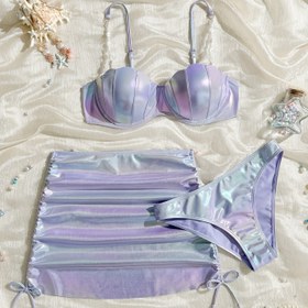 Resim 3 Parça Set Gradyan Yaprak Bikini ve Bağcıklı Sarma Elbise, Işıltılı Mor 2K Parti Mayo, Kadınlar için Yüzme Kıyafeti ve Sevgililer Günü Karnavalı ile Müzik Festivali Üç Parçalı Takım 