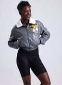 Resim Black Level Kadın Deri Yaka Kürklü Fermuarlı Oversize Mont Baskılı Beli Lastikli Bomber Kolej Mont Gri 