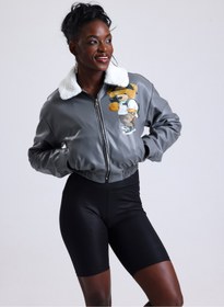 Resim Black Level Kadın Deri Yaka Kürklü Fermuarlı Oversize Mont Baskılı Beli Lastikli Bomber Kolej Mont Gri 