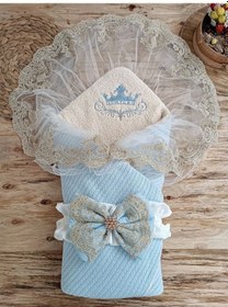 Resim Yenidoğan Kuzulu Taç Nakış Güpürlü Fiyonklu Duvaklı Prizma Taş Unisex Kundak Bebek Battaniyesi Mavi 