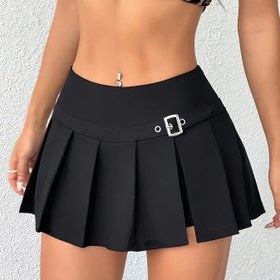 Resim Kadınlar İçin Yüksek Bel Pileli Etek - Ayarlanabilir Metal Tokalı, Düz Siyah Günlük ve Resmi Etek, Tüm Mevsimlere Uygun, Dayanıklı Kumaş, Şık Tasarım, Ofis Giyimi, Zarif Stil, Yapısal Kesim, Kaliteli İşçilik 