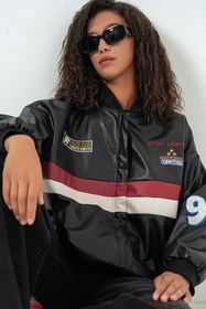 Resim Yeslena Sıfır Bisiklet Yakalı Fermuar Kapamalı Uzun Kollu Yazılı Astarlı Yan Cepli Rahat Bomber Mont 