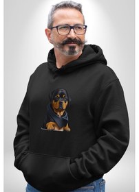 Resim Puppy Köpek Rottweiler Kadın Erkek Siyah Kapüşonlu Sweatshirt Hoodie Siyah 