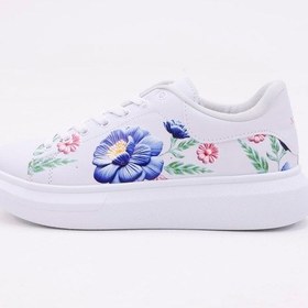 Resim Dijital Baskı Kadın Beyaz- Mavi Gül Desenli Ayakkabı Beyaz-mavi 