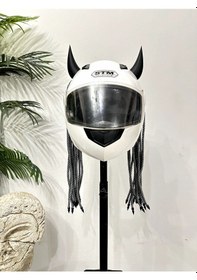 Resim Motor & Motosiklet 3d Baskı Siyah Şeytan Boynuzlu Gri Örgülü Çift Saç Kask Dış Aksesuarı Diğer 
