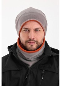Resim Erkek Polar Dış Kaşkorse Pamuklu İç Kısım Çift Renk Çift Katman Katlanabilir Bere Boyunluk Takım - Standart / Gri-kiremit Gri-kiremit 
