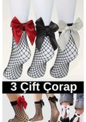 Resim Heleni Kadın File Desenli 3 Çift Fiyonklu Soket Çorap Beyaz - Kırmızı - Siyah 