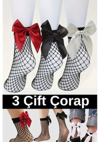 Resim Heleni Kadın File Desenli 3 Çift Fiyonklu Soket Çorap Beyaz - Kırmızı - Siyah 