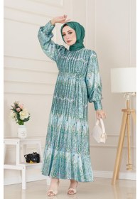 Resim Sevitli Piliseli Eteği Volanlı Saten Mona Elbise-mint Yeşili-5073 Mint Yeşili 