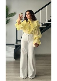 Resim Sarı Fırfırlı Fular Detaylı Gömlek Sarı 