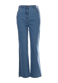 Resim Seleste Minimalist Taş Detaylı Kadın Jean Pantolon - Midi Boy Lacivert 