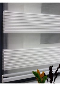 Resim Ekru Mat Beyaz Plise Zebra Stor Perde Eteği Düz Alüminyum Kasa Metal Ayak Beyaz 