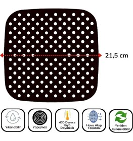 Resim Ozcmax Siyah Isıya Dayanıklı Yıkanılabilir Silikon Fırın ve Airfryer Kare Model Pişirmme Matı 21,5 cm 