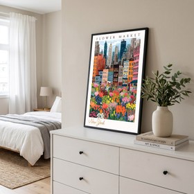 Resim New York Flower Market - Vibrant Cityscape Botanical Wall Art Print - With Hanger - Black / 8,3 x 11,7" (21x30) 