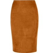 Resim Kadın Kalem Etek Kalça Sarılı Etek Sırt Düz Renk Süet Yüksek Bel Yırtmaç Tasarım Fermuarlı Pat Diz Boyu Kahverengi 