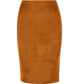 Resim Kadın Kalem Etek Kalça Sarılı Etek Sırt Düz Renk Süet Yüksek Bel Yırtmaç Tasarım Fermuarlı Pat Diz Boyu Kahverengi 