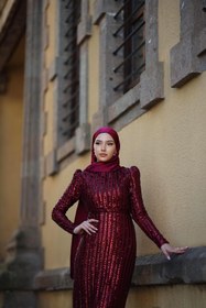Resim BAHARYAMAÇLI Kadın Maren Bordo Kemerli Şerit Pullu Tesettür Abiye Elbise 