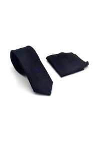 Resim Gaffy Lacivert Kahverengi Şal Desenli Dokuma Kumaş Mendilli Slim Fit Kravat // Sdk-2604-2 Lacivert 