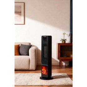 Resim Hoogar German OLED Black Series Şömineli Ekran Dijital Göstergeli Fanlı Kule Tipi Seramik Isıtıcı Uzaktan Kumandalı 