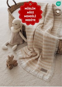 Resim ZEYPBA % 100 Pamuk 4 Katlı Müslin Örtü Bej Çizgili 110x110 cm (Bebek & Çocuk İçin) 